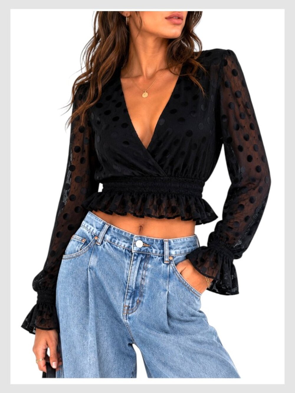 Lovers + Friends Sheer sleeve Peplum Polka Dot Crop Top Black M